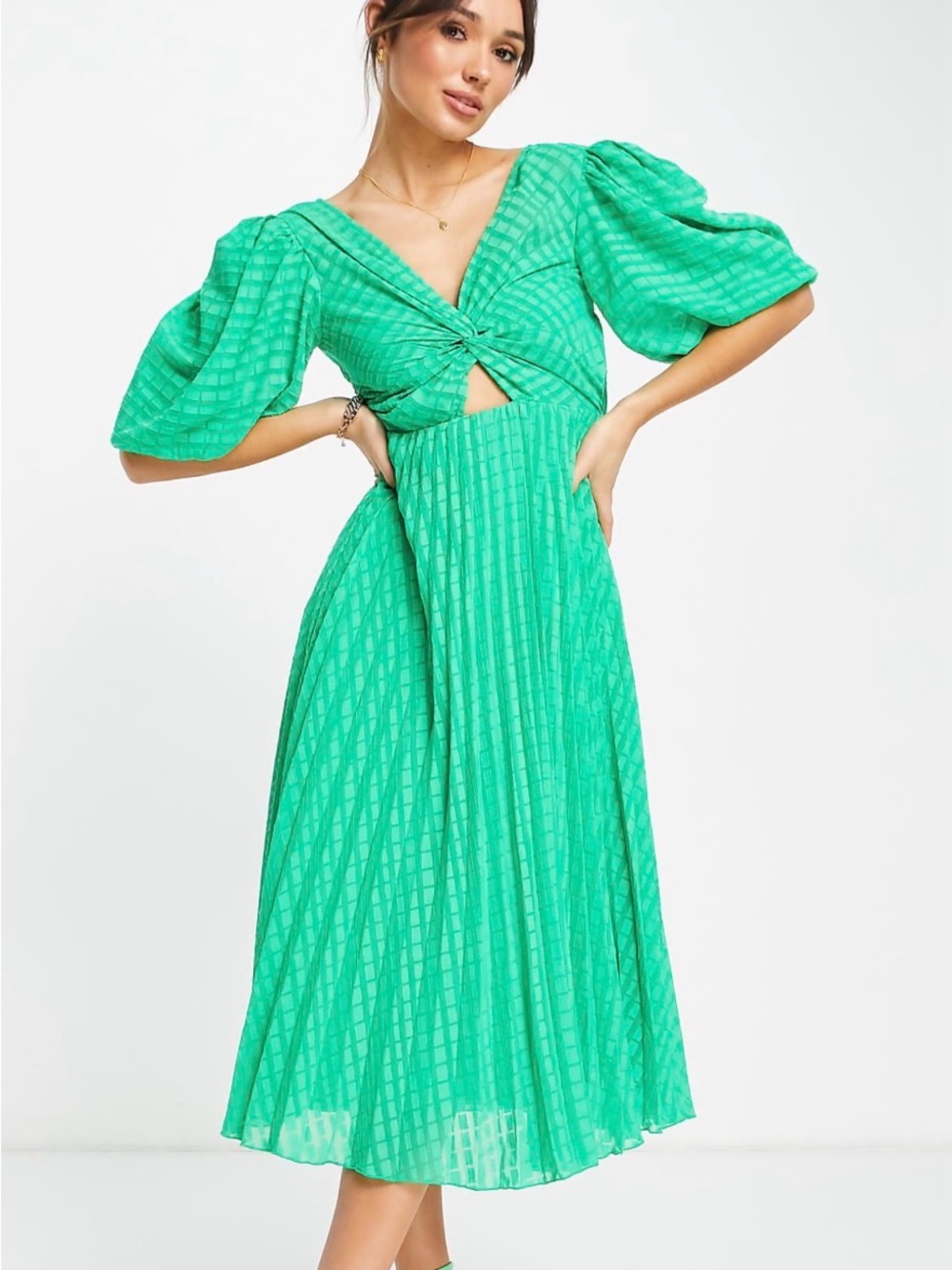 ASOS Emerald Green Twist-Front Midi Dress with Puff Sleeves